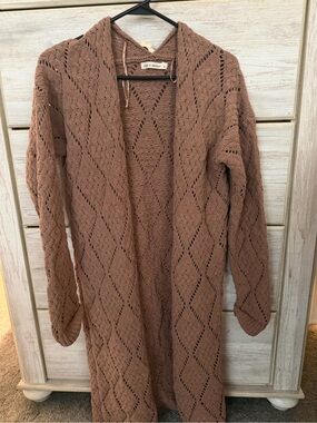 Moon & Madison Waffle Knit Open-Front Long Cardigan - Mauve Brown